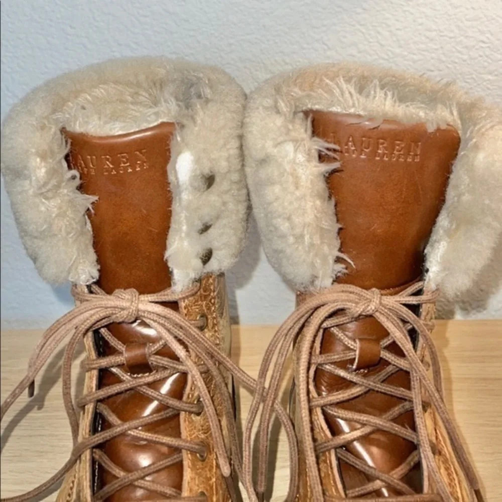 Ralph Lauren‎ Quinta Tan Brown Leather Shearling Mid Calf Winter Boots